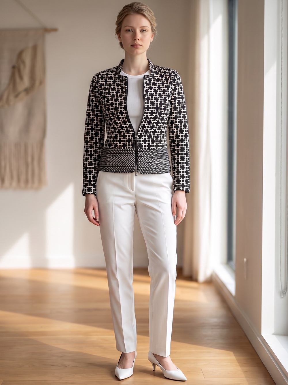 Saks Fifth Ave Black Label Size 2 Black White Color Geometric Print Jacket